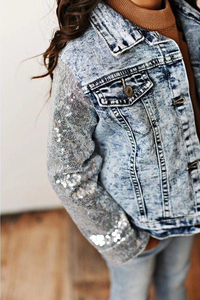 Silver Sequin & Light Wash Denim Button Pocket Jacket for Little Girls, Girls & Tweens