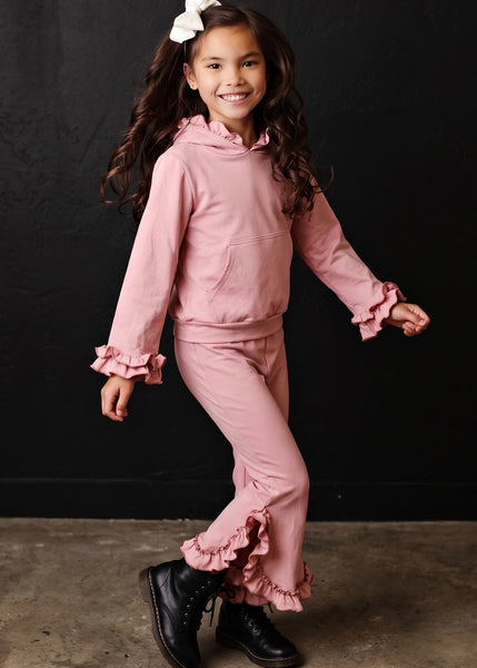 Dusty Pink Ruffle Pocket Lounge Set for Girls