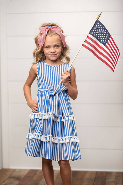 Blue Stripe Tiered Tassel Dress for Girls