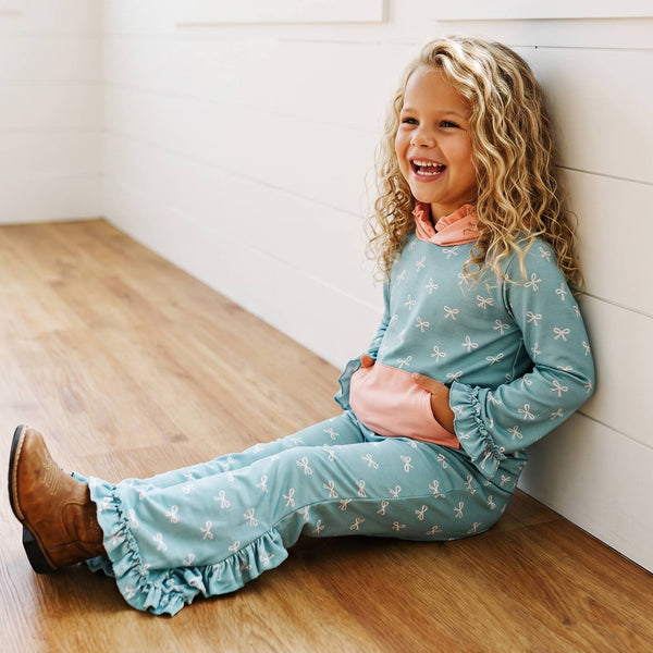 Lucy Teal & Pink Bow Hooded Ruffle Pocket Lounge Set