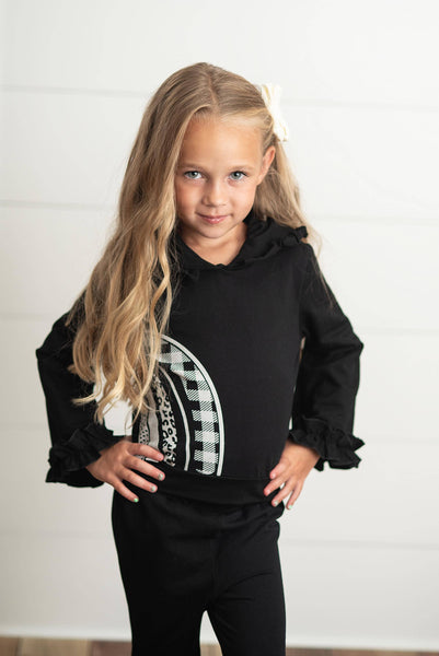 Black & White Rainbow Check Hooded Ruffle Pocket Lounge Set for Girls