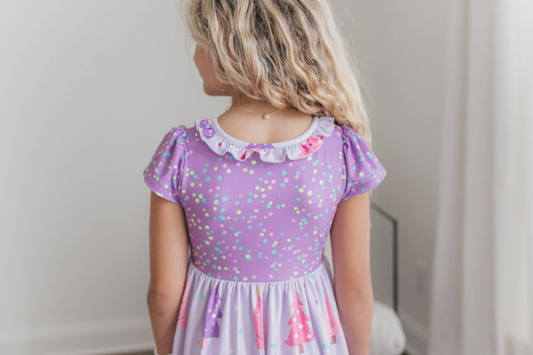 Girls Purple Christmas Tree Holiday Ruffle Lounge Play Gown