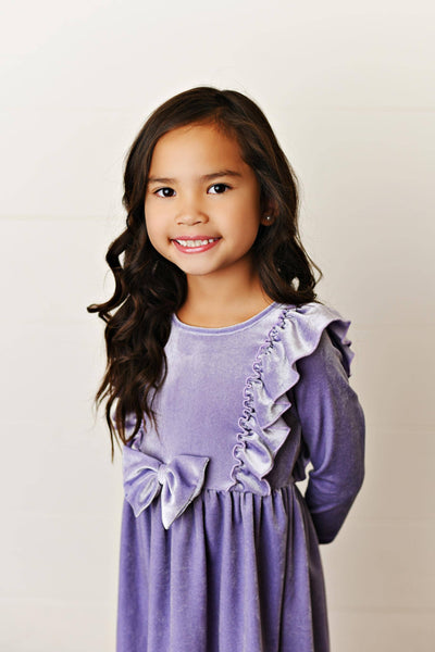 Lavender Velvet Bow Ruffle Fancy Holiday Party Dress