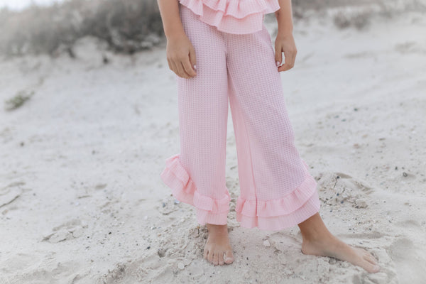 Girls Pink Ruffle Waffle Knit Spring Summer Lounge Set