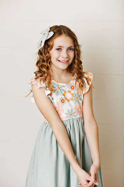 Mint Sage Retro Daisy Hi-Lo Flutter Sleeve Dress