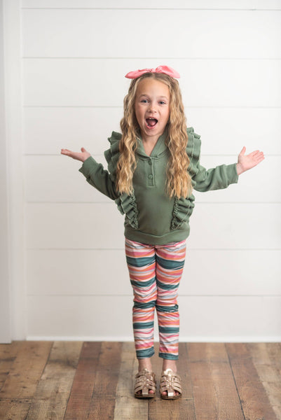 Sage Double Ruffle Button Hoodie & Stripe Leggings Set