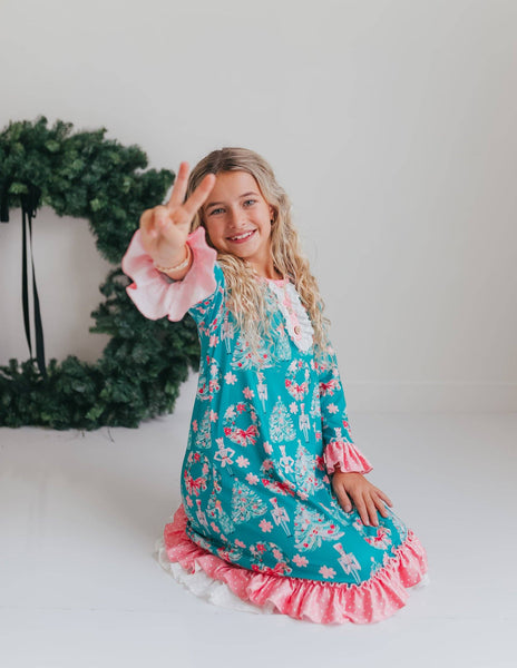 Girls' Pink Teal Christmas Holiday Nutcracker Lace Lounge Gown