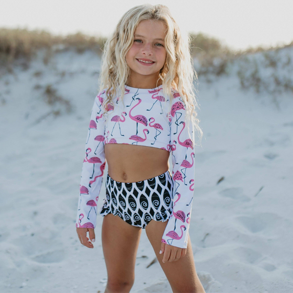 Pink & Black Flamingo 2-Piece Rash Guard Swimsuit with Ruffle Accent