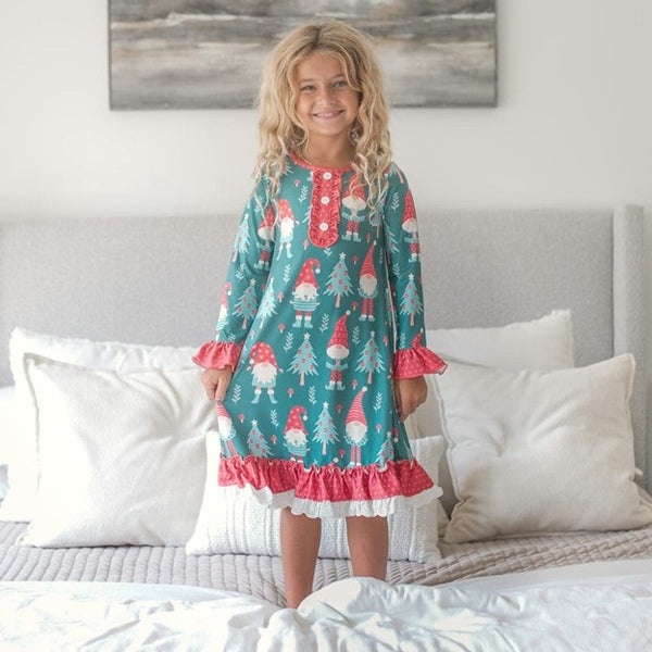 Girls Red Green Gnome Holiday Christmas Ruffle Lounge Gown