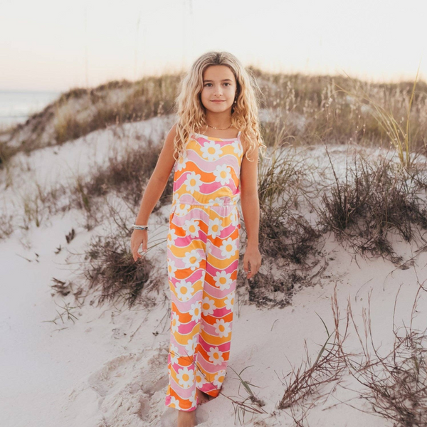 Girls Tangerine & Pink Retro Floral Jumpsuit with Pockets