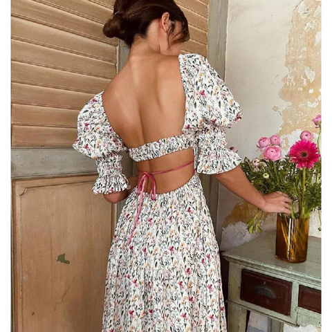 The Hannah Open-Back Puff Sleeve Floral Midi Dress for Women