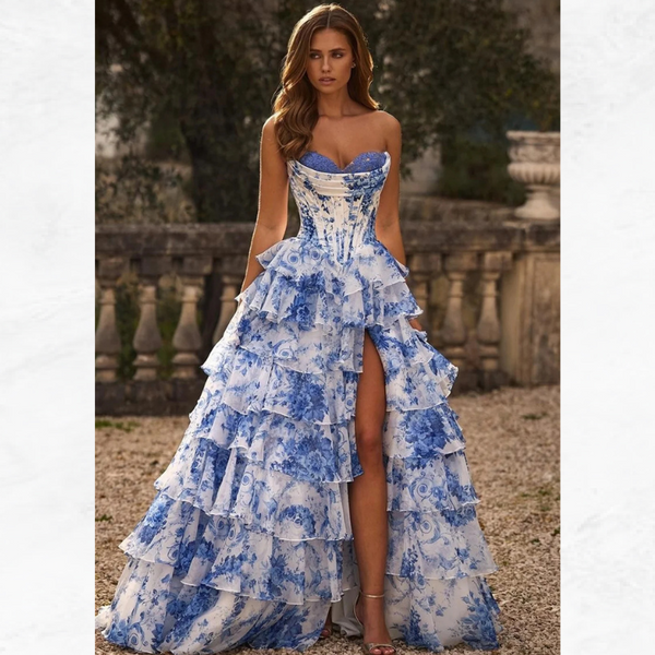 Heiress Strapless Floral Tiered Formal Gown-Custom Sizing Available!