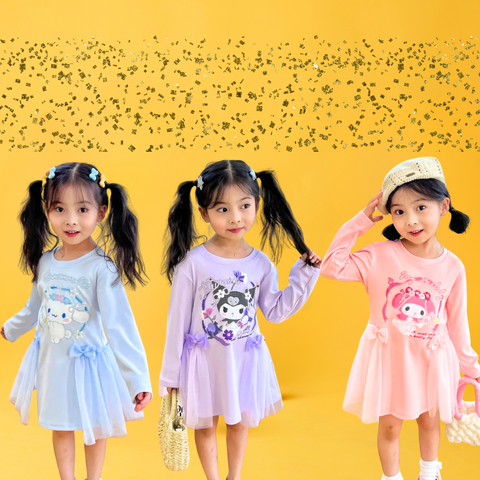 Hello Kitty Friends Cute Glam Dress in Cinnamoroll, Kuromi, or My Melody for Toddler & Little Girls