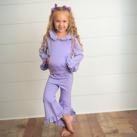 Lavender Hooded Ruffle Pocket Lounge Set for Girls