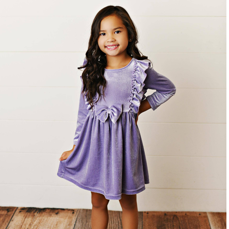 Lavender Velvet Bow Ruffle Fancy Holiday Party Dress