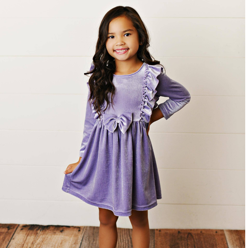 Lavender Velvet Bow Ruffle Fancy Holiday Party Dress Lavender Velvet Bow Ruffle Fancy Holiday Party Dress