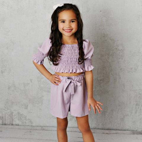 Girls Lavender Shirred Puff Sleeve Bow Short Set