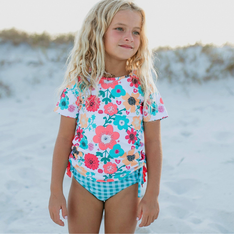Teal Gingham & Floral Rash Guard Ruffle Bottom Two-Piece Swimsuit