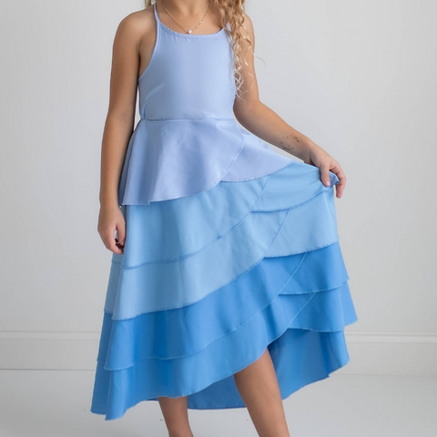 Blue Ombre Waterfall Layered Halter Hi Lo Dress