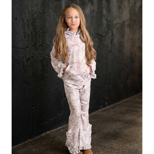 Girls Light Gray Camo Hooded Ruffle Pocket Lounge Set