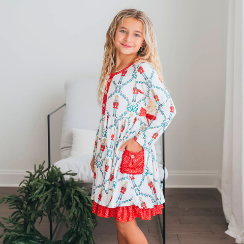 Girls' Christmas Holiday Nutcracker Pocket Tie Ruffle Dress