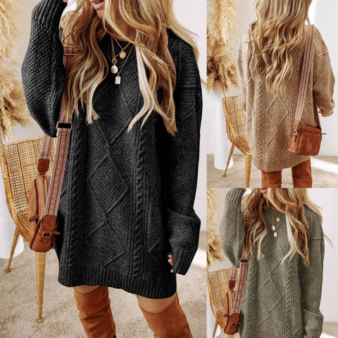 Cable Knit Drop Shoulder Loose Fit Sweater Dress
