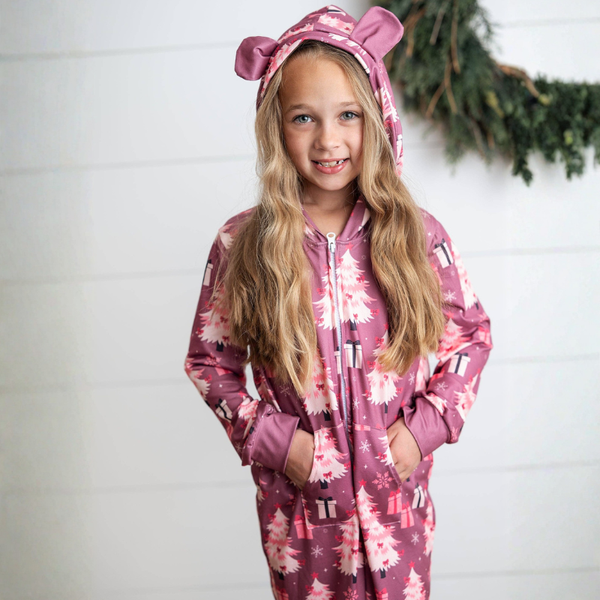 Girls' Pink Christmas Tree Holiday Zip Onesie Set With Ears