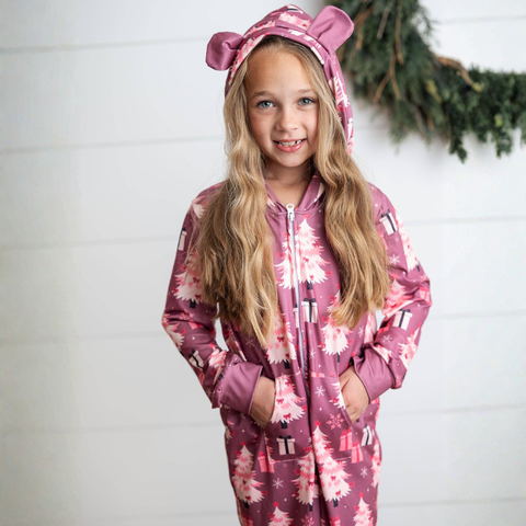 Girls' Pink Christmas Tree Holiday Zip Onesie Set With Ears