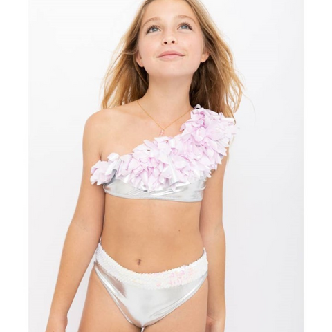 Silver One-Shoulder Bikini with Light Pink Metallic Petals and Iridescent Sequins