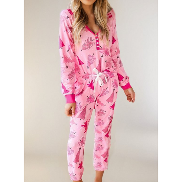 Pink Christmas Tree V-Neck Top & Pants PJ Set for Women & Teens