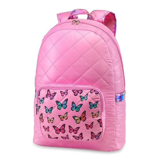 Pink Puffer Backpack with Butterfly Pocket