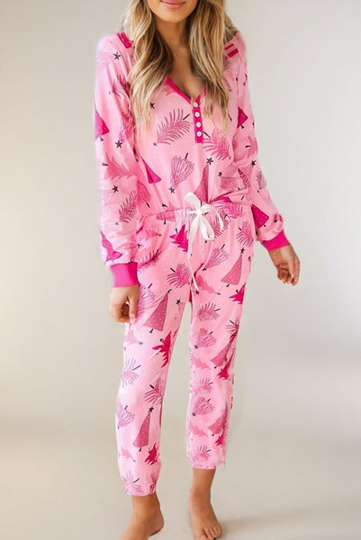 Pink Christmas Tree V-Neck Top & Pants PJ Set for Women & Teens