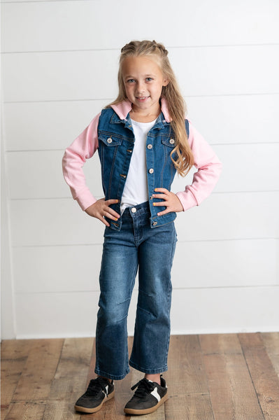 Pink Hooded  Denim Button Jacket for Little Girls, Girls & Tweens