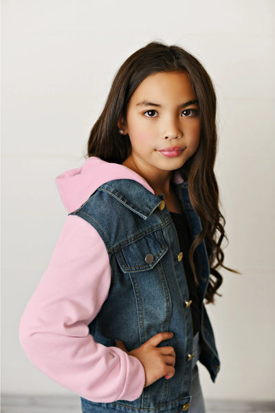 Pink Hooded  Denim Button Jacket for Little Girls, Girls & Tweens