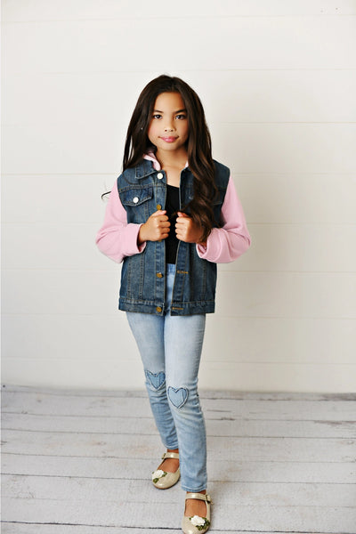 Pink Hooded  Denim Button Jacket for Little Girls, Girls & Tweens