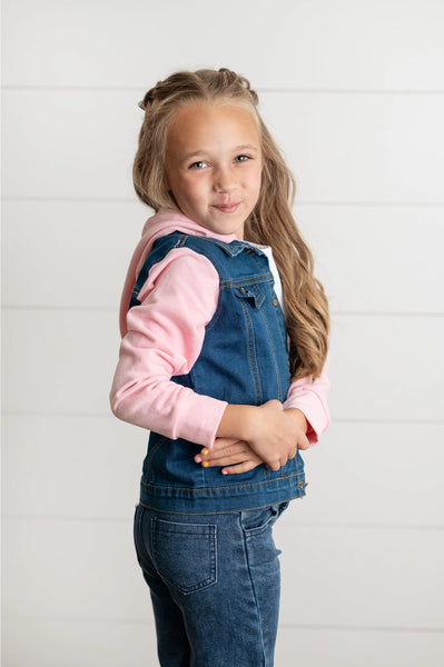 Pink Hooded  Denim Button Jacket for Little Girls, Girls & Tweens