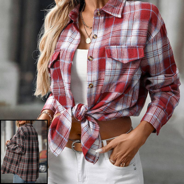Plaid Button Down Shirt with Chest Pockets and Tie Hem in Khaki Red Black or Red + White