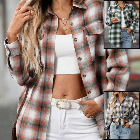 Plaid Button Down Shirt with Chest Pockets and Tie Hem in Dream Orange, Dream Green or Dream Grey