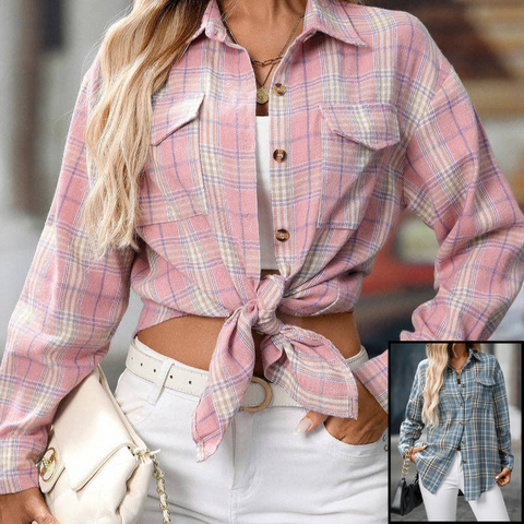 Plaid Button Down Shirt with Chest Pockets and Tie Hem in Denim Blue or Pink
