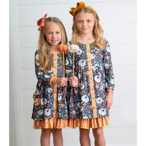 Girls Mustard Pumpkin Ruffle Pocket Button Tie Fall Dress