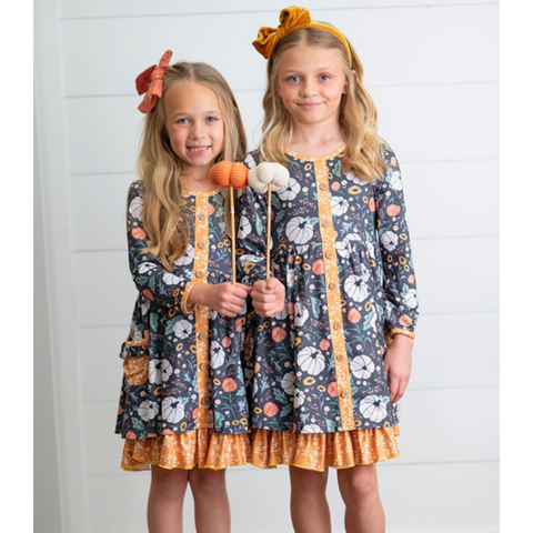 Girls Mustard Pumpkin Ruffle Pocket Button Tie Fall Dress