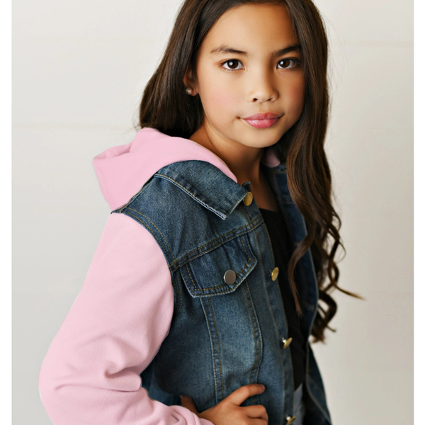Pink Hooded  Denim Button Jacket for Little Girls, Girls & Tweens