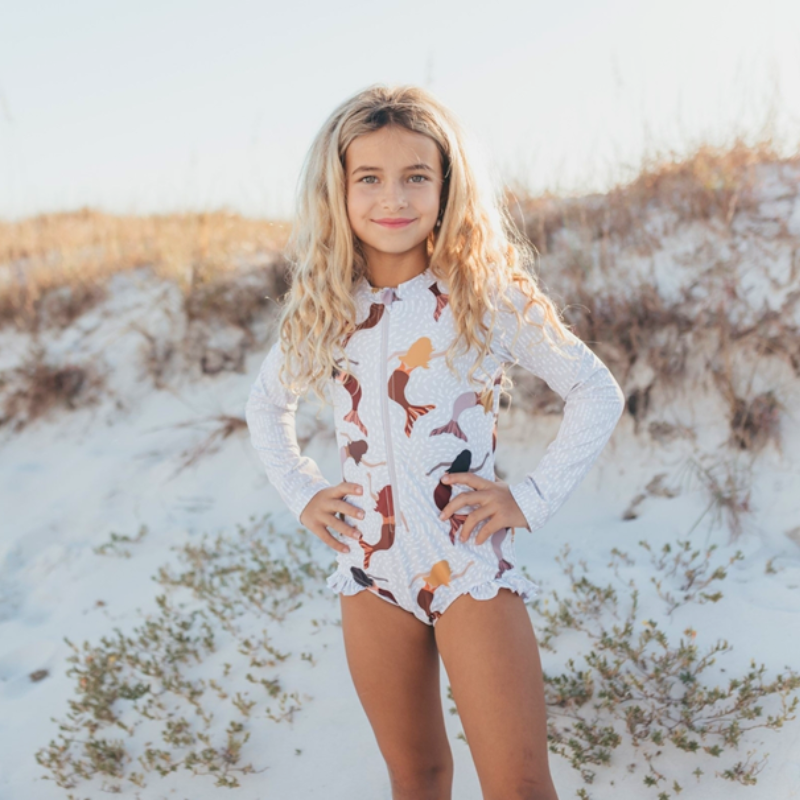 White & Brown Mermaid Zip Rash Guard One Piece Swimsuit