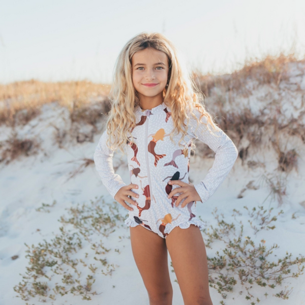 White & Brown Mermaid Zip Rash Guard One Piece Swimsuit