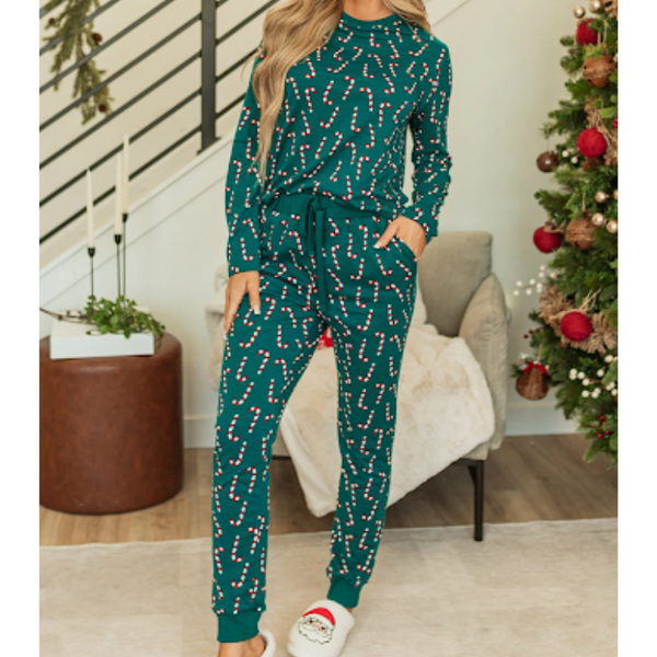 Green Christmas Candy Cane Printed Top and Pants Lounge Set