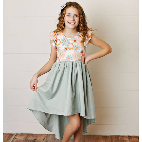Mint Sage Retro Daisy Hi-Lo Flutter Sleeve Dress
