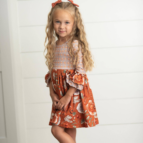 Vintage Rust Floral Twirl Ruffles Dress