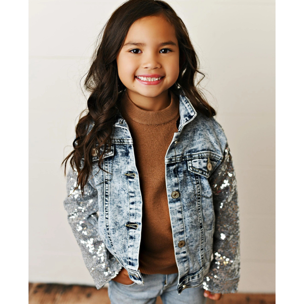 Silver Sequin & Light Wash Denim Button Pocket Jacket for Little Girls, Girls & Tweens