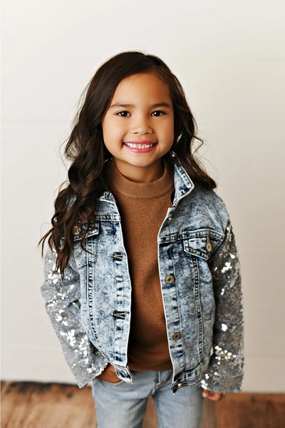 Silver Sequin & Light Wash Denim Button Pocket Jacket for Little Girls, Girls & Tweens