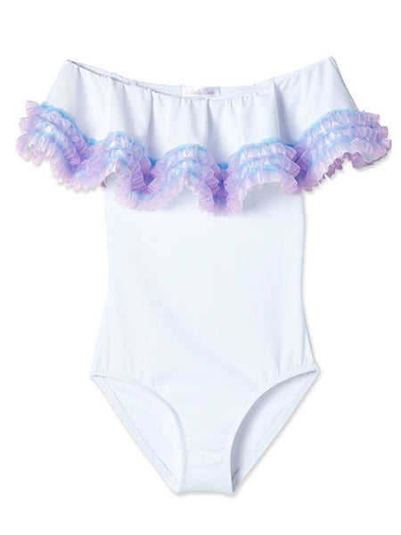 White Ruffle Swimsuit with Anemone